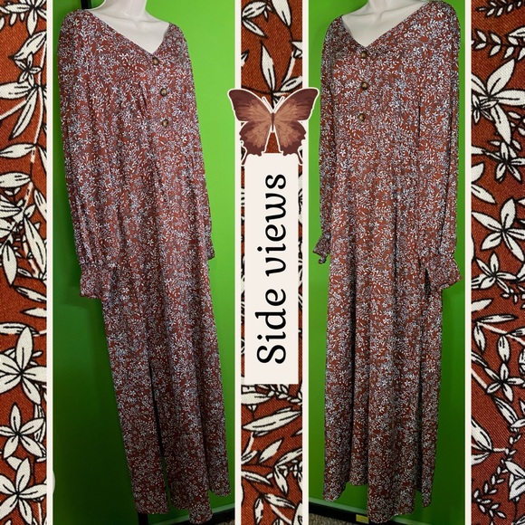 GAOVOT NWT L BROWN/IVORY FLORAL LONG MAXI DRESS W SIDE SLITS LIGHTWEIGHT UNLINED - Picture 2 of 16